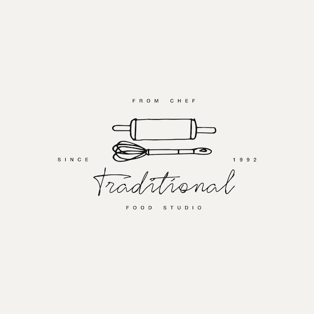 Elemento de diseño lineal de clase de cocina, emblema de cocina, símbolo, icono o etiqueta de estudio de alimentos. los cursos de cocina firman plantilla o logotipo, identidad, escuela culinaria.