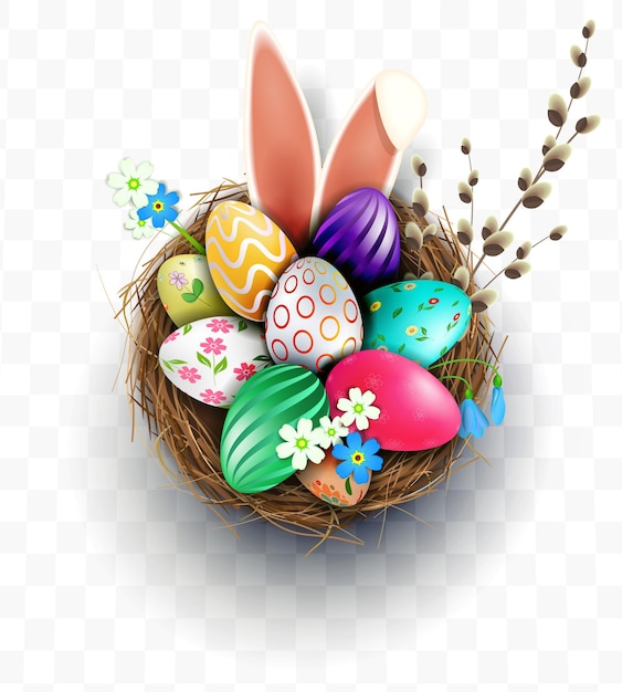 Elemento de diseño de Pascua, nido con huevos, orejas de conejo, ramita de sauce.