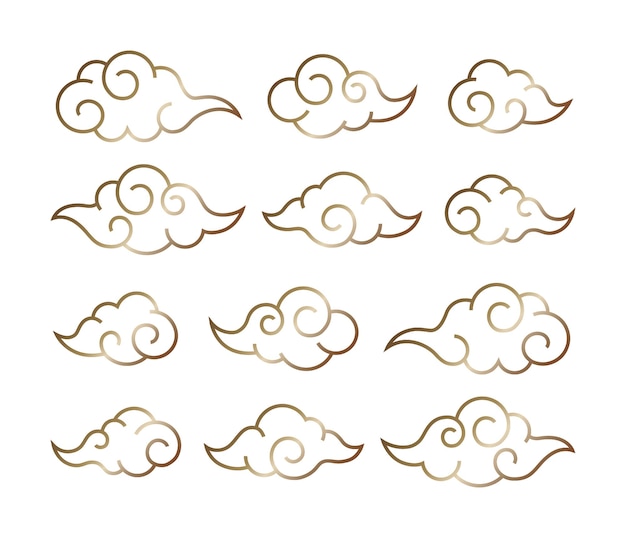 Elemento de diseño plano oriental chino de nubes Ícono de estilo de contorno dorado Ilustración vectorial EPS