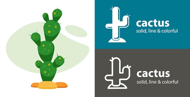 Elemento de diseño sólido de línea de planta de icono plano de vector aislado de cactus