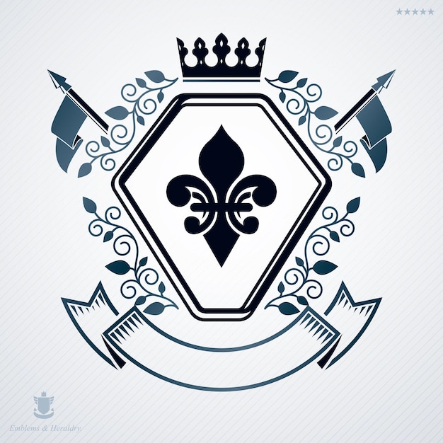 Elemento de diseño de vector vintage heráldico. Etiqueta de estilo retro creada con corona monarca.