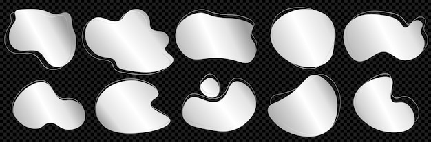 Elemento de diseño vectorial de manchas orgánicas abstractas de plata, formas irregulares, íconos, paquetes de fluidos redondeados, metal
