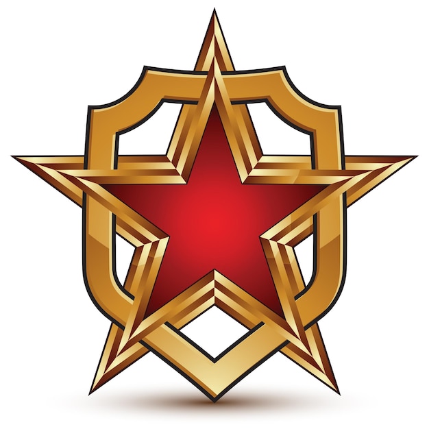 Elemento dorado brillante vectorial geométrico aislado en fondo blanco, blasón en forma de estrella pulido 3d con relleno rojo. Símbolo de marca de cinco estrellas. Escudo glamoroso.