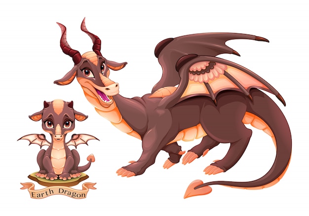 Vector elemento dragón de la tierra en dos variantes, cachorro y adulto.