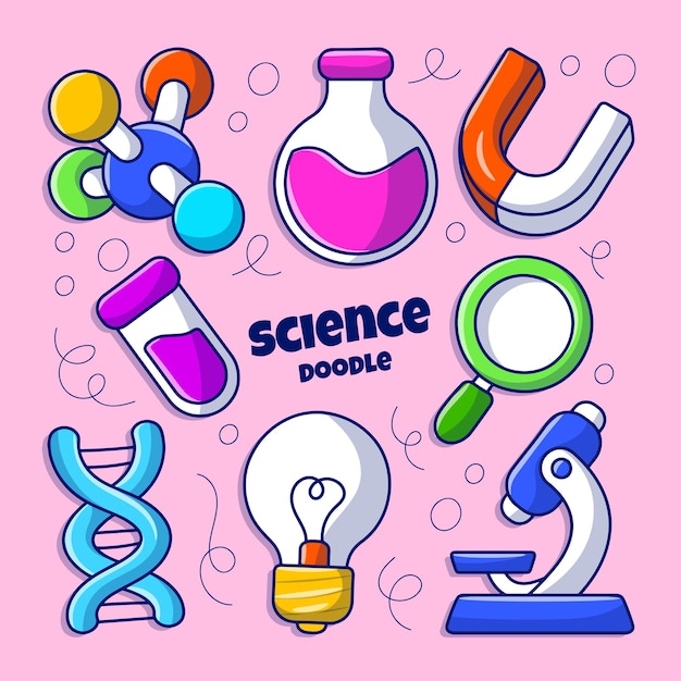 Elemento educativo de Doodle Science con estilo de dibujos animados dibujados a mano de color