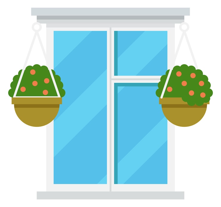 Vector elemento exterior de la ventana de vidrio de marco blanco con macetas aisladas sobre fondo blanco