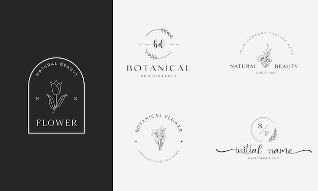 Elemento floral botánico Logotipo dibujado a mano con flor silvestre y logotipo de hojas para spa y salón de belleza