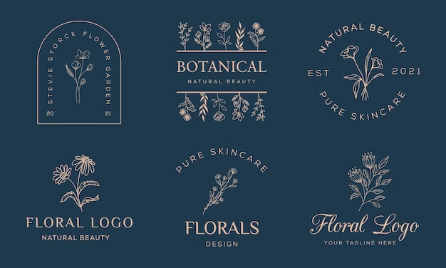 Elemento floral botánico Logotipo dibujado a mano con flores silvestres y logotipo de hojas para spa y cosméticos