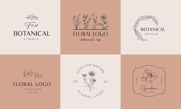 Elemento floral botánico logotipo dibujado a mano con logotipo de hojas de flores silvestres para femenino y cosmético