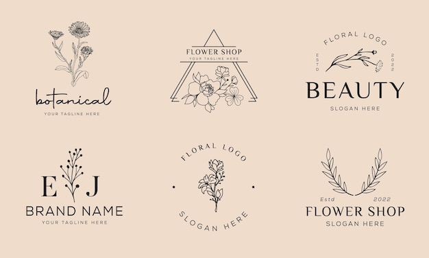 Elemento floral botánico logotipo dibujado a mano con logotipo de hojas de flores silvestres para femenino y cosmético