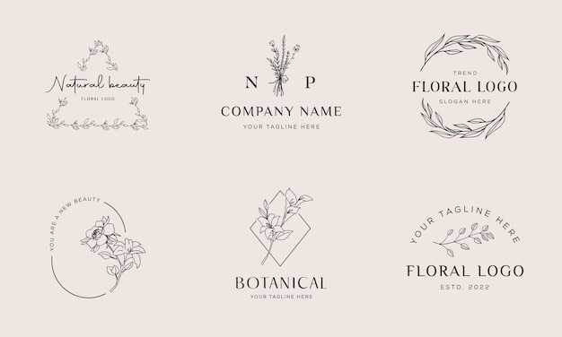 Elemento floral botánico Logotipo dibujado a mano con logotipo de hojas de flores silvestres para femenino y cosmético