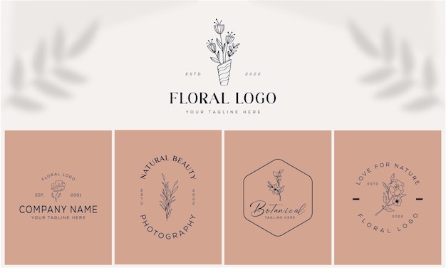Elemento floral botánico Logotipo dibujado a mano con logotipo de hojas de flores silvestres para femenino y cosmético