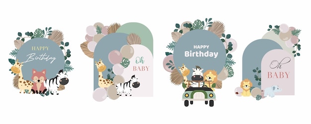 Elemento de fondo boho con globos y hojas de palma de papel