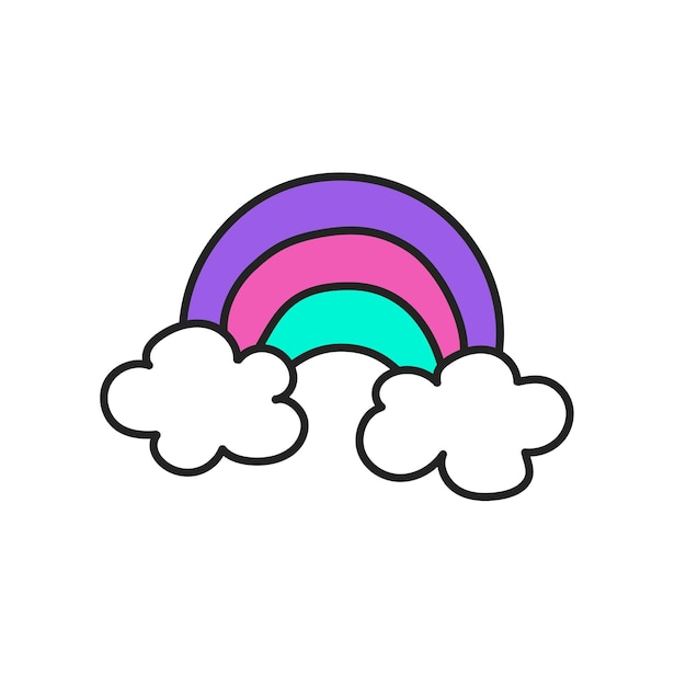 Elemento de garabato dibujado a mano en el estilo moderno Y2K de los años 90 y 2000. Arco iris y nubes aislado en blanco