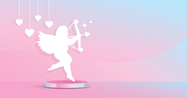 elemento gráfico de cupido lindo con pantalla de podio y corazones colgantes en un fondo de gradiente dulce