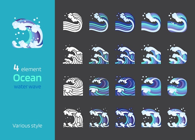 Elemento gráfico del mar de la onda del agua del océano ilustración de varios estilos composición cuadrada