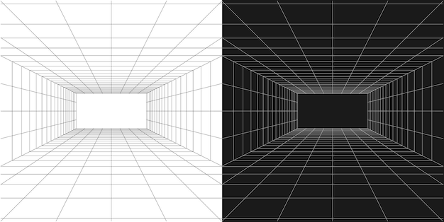 Elemento gráfico vectorial de la sala de perspectiva en blanco y negro del marco de alambre del túnel de cuadrícula