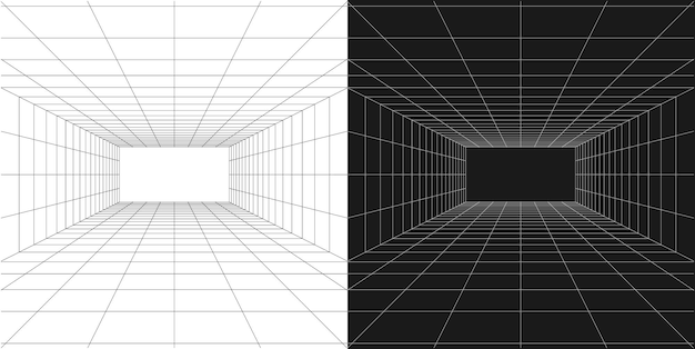 Vector elemento gráfico vectorial de la sala de perspectiva en blanco y negro del marco de alambre del túnel de cuadrícula