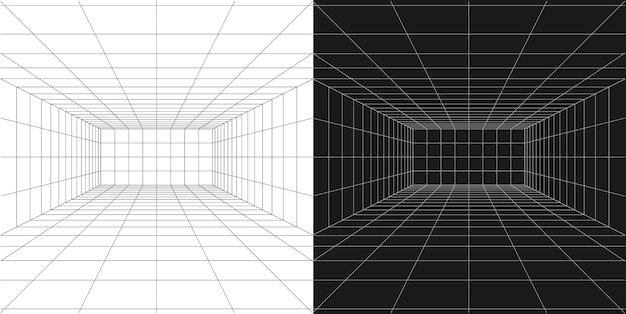 Elemento gráfico vectorial de la sala de perspectiva en blanco y negro del marco de alambre del túnel de cuadrícula