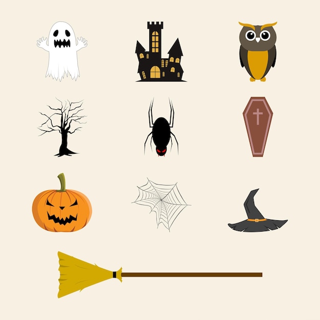 Elemento de Halloween con diseño en forma de maldad. Colección de diseño de vectores de Halloween. Colección de diseño de vector de elemento de fiesta de miedo de Halloween sobre un fondo blanquecino.