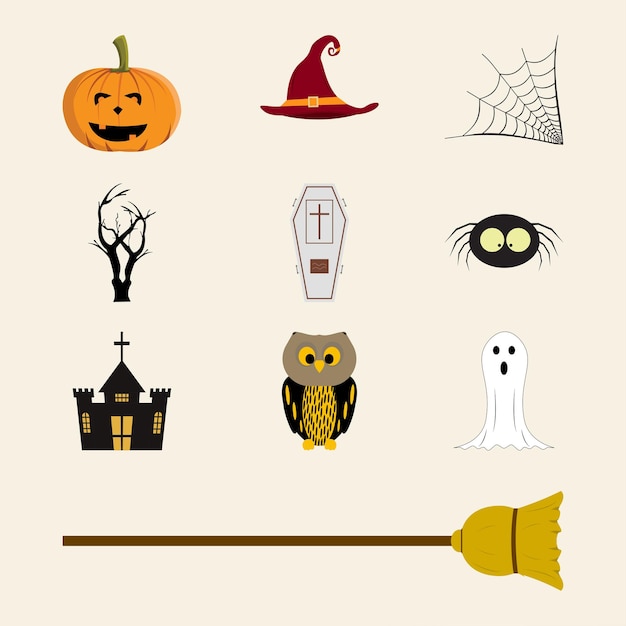 Elemento de Halloween con diseño en forma de maldad y múltiples colores. Colección de diseño de vectores de Halloween. Colección de diseño de vector de elemento de fiesta de miedo de Halloween sobre un fondo blanquecino.