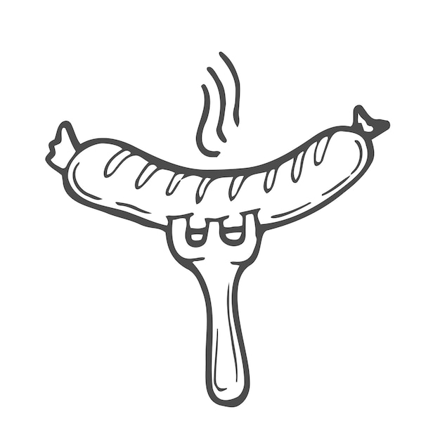 Elemento de ilustración vectorial con salchicha en un tenedor en estilo doodle Icono de comida dibujado a mano símbolo l