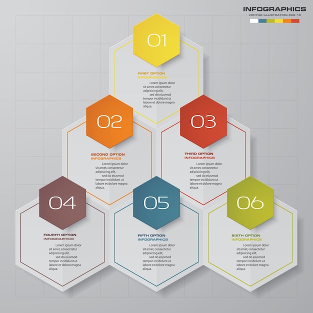 Elemento de infografía con 6 pasos para la presentación de datos.