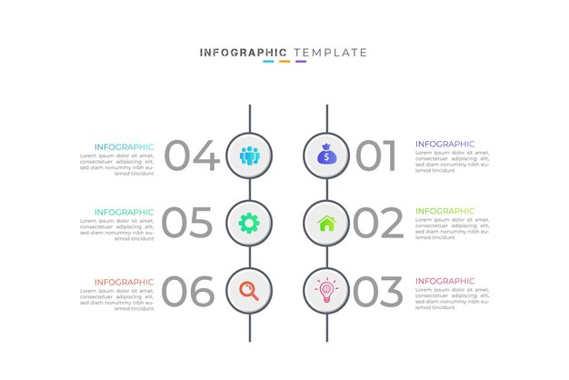 Elemento de infografía comercial mínimo de 6 pasos y diseño de presentación creativa