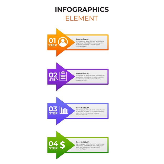 Elemento de infografía degradado de cuatro pasos con icono de negocio. plantilla de diseño infográfico