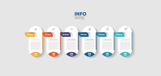 Elemento de infografía con iconos y 6 opciones o pasos. Se puede utilizar para procesos, presentaciones, diagramas, diseño de flujo de trabajo, gráfico de información, diseño web.