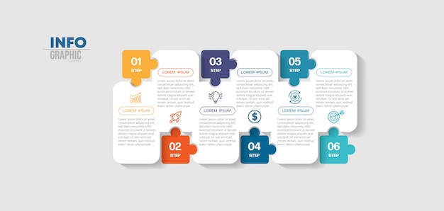 Elemento de infografía con iconos y 6 opciones o pasos. Se puede utilizar para procesos, presentaciones, diagramas, diseño de flujo de trabajo, gráfico de información, diseño web.
