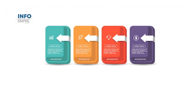 Elemento de infografía con iconos y cuatro opciones o pasos. Se puede utilizar para procesos, presentaciones, diagramas, diseño de flujo de trabajo, gráfico de información, diseño web.