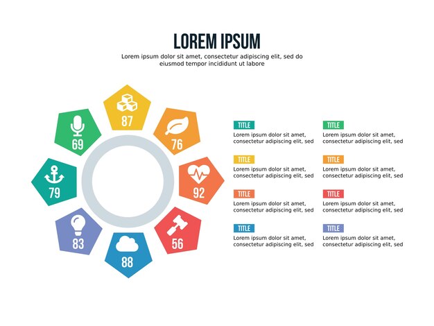elemento infográfico de la esfera pentagonal de ocho pasos y plantilla de presentación