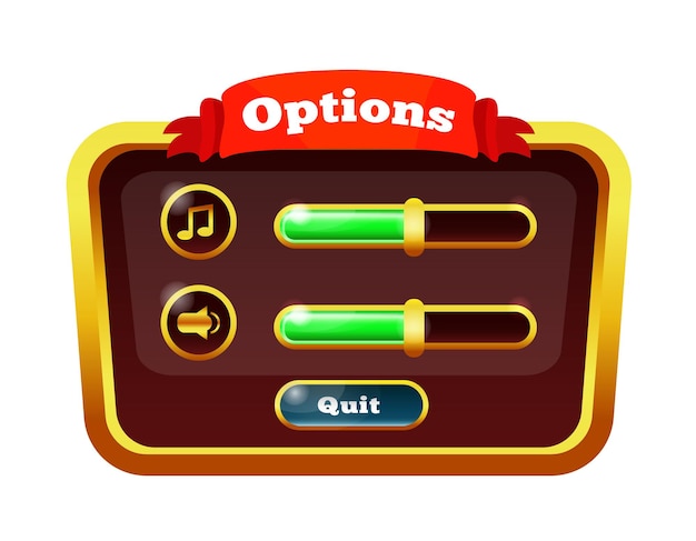 Elemento de la interfaz del juego Ventana emergente de juego con menús panel con botones para juegos 2d Iconos ajustes de volumen para sonidos y música tablero de instrumentos para aplicaciones web de teléfonos móviles Vector de dibujos animados