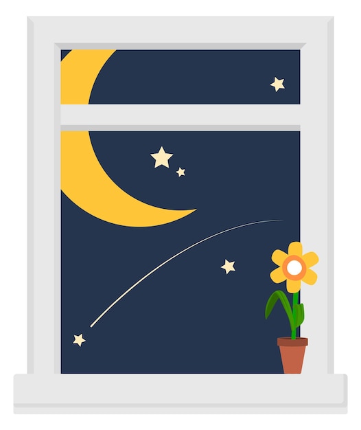 Elemento interior de la ventana nocturna Estrellas de luna lindas afuera Ilustración vectorial