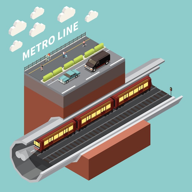 Elemento isométrico de la red de infraestructura urbana con línea de metro subterráneo, túnel de metro y calle de la ciudad arriba