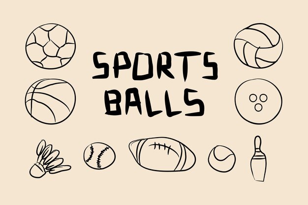 Elemento de juego de bolas deportivas diseño vectorial de arte de línea por ilustración dibujada a mano