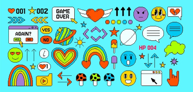El elemento de juego de píxeles icono de 8 bits corazón de amor flecha y arco iris símbolo retro Y2K forma de computadora linda de la década de 2000 interfaz de usuario de Internet vintage etiqueta de brutalismo mensaje Emoji conjunto de vector llamativo