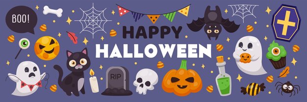 El elemento lindo de Halloween Sticker de icono de dibujos animados para niños Telaraña calabaza fantasma Gráfico garabateo elementos decorativos infantiles para fiestas bebé plano vacaciones de otoño Ilustración vectorial ordenada
