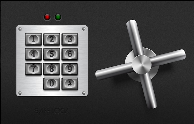 Elemento metálico de bloqueo seguro realista sobre fondo de plástico negro con textura. Rueda de acero inoxidable. Icono de vector o elemento de diseño. Botones del teclado sobre panel de metal cepillado. Concepto de protección de privacidad de seguridad.