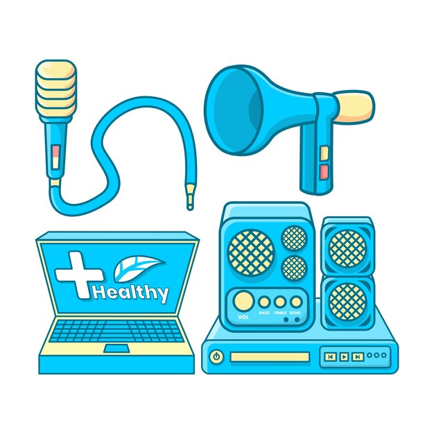 Elemento de micrófono, altavoz y computadora portátil adecuado para publicaciones en redes sociales