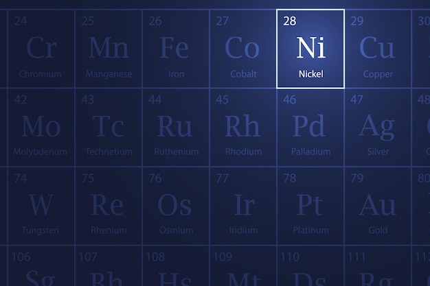 El elemento níquel brillando en una tabla periódica oscura