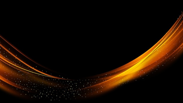 Elemento de onda brillante dorado sobre fondo negro. Corriente abstracta de líneas doradas con brillo.