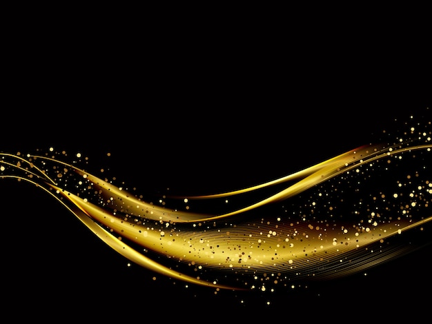 Elemento de onda de oro de color brillante abstracto con efecto de brillo sobre fondo oscuro.