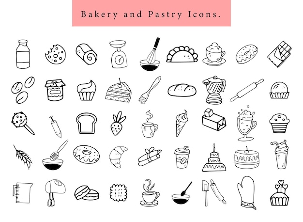elemento de pastelería de panadería dibujado a mano e íconos arte de cocina de línea pasteles pan