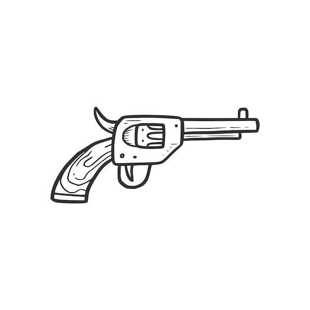 Elemento de pistola revólver dibujado a mano. Estilo de dibujo cómico del doodle. Vaquero, icono del concepto occidental. Ilustración de vector aislado.