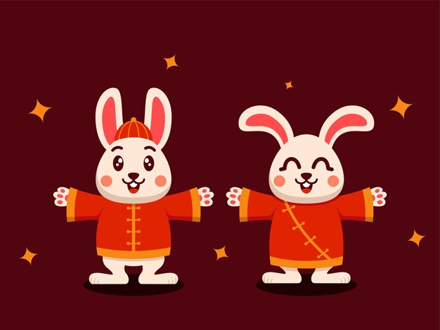 Elemento plano de dos lindos conejos chinos. Celebrando el Año Nuevo Lunar. Diseño vectorial.