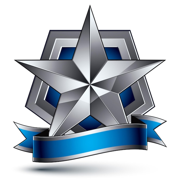 Elemento de plata glamoroso vector geométrico aislado sobre fondo blanco, blasón en forma de estrella pulida 3d con cinta ondulada azul. Símbolo brillante de la marca Shield.