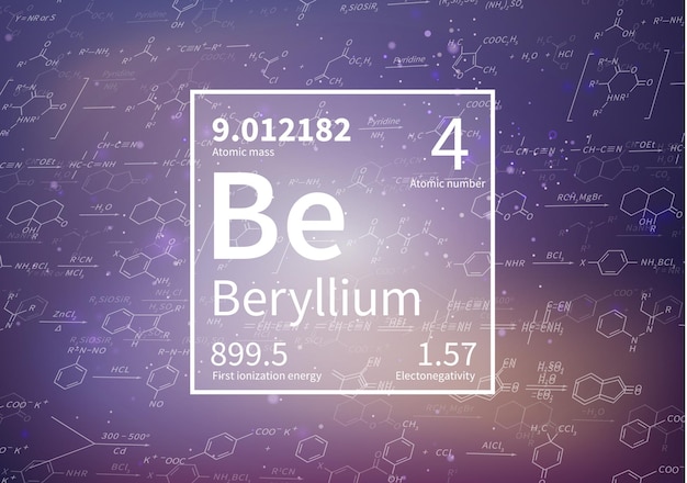 Elemento químico de berilio con la primera masa atómica de energía de ionización y valores de electronegatividad en antecedentes científicos