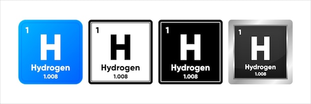 Vector elemento químico de hidrógeno con 1 número atómico masa atómica y valores de electronegatividad concepto de tabla periódica logotipo en cuatro diseños simple negro realista y logotipo en color ilustración vectorial